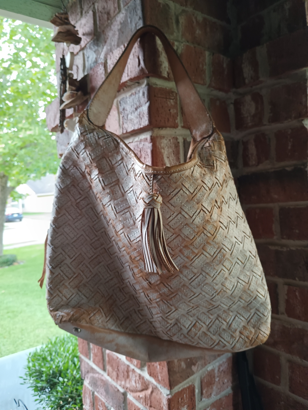 Vintage Patricia Nash Woven Tassel Hobo in Light Tan and Cream